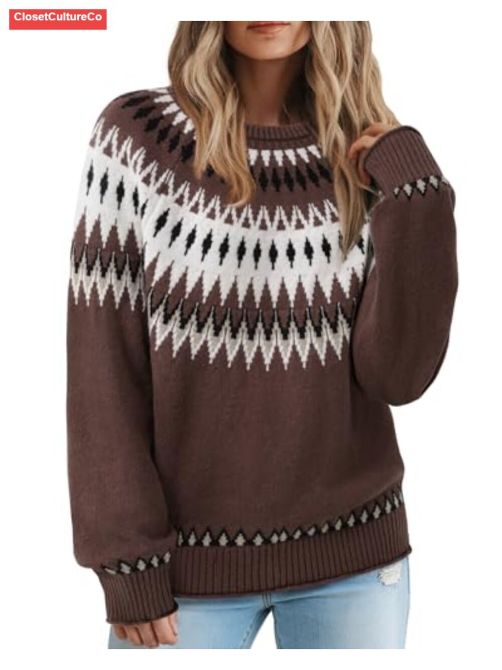 Messic Fair Isle Sweater Women Vintage Color Block Cozy Knit Pullover